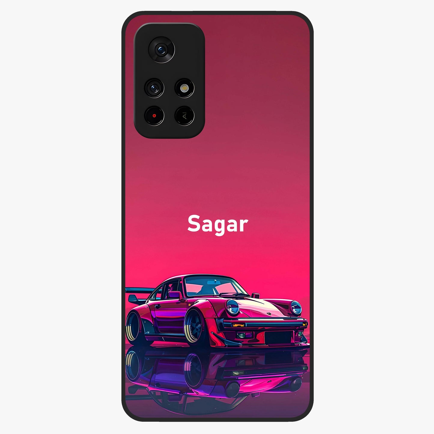 Neon Pink Porsche Glass Case upright view showcasing vibrant sports car artwork with bold automotive theme.