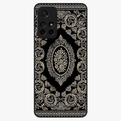 Noir Bloom Elegance Glass Case upright view showcasing graceful floral artwork with luxurious dark theme.