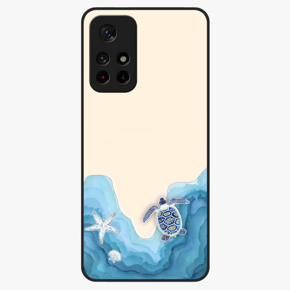 Ocean Drift Turtle Glass Case showing flat back view with sea turtle artwork and glossy glass finish.