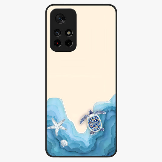 Ocean Drift Turtle Glass Case showing flat back view with sea turtle artwork and glossy glass finish.