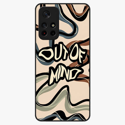 Out Of Mind Glass Case showing flat back view with expressive typography artwork and glossy glass finish.