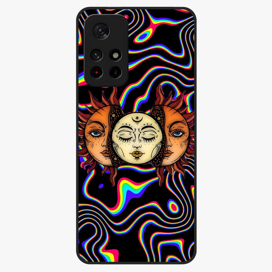 Psychedelic Sun Glass Case showing flat back view with colorful psychedelic sun artwork and glossy glass finish.