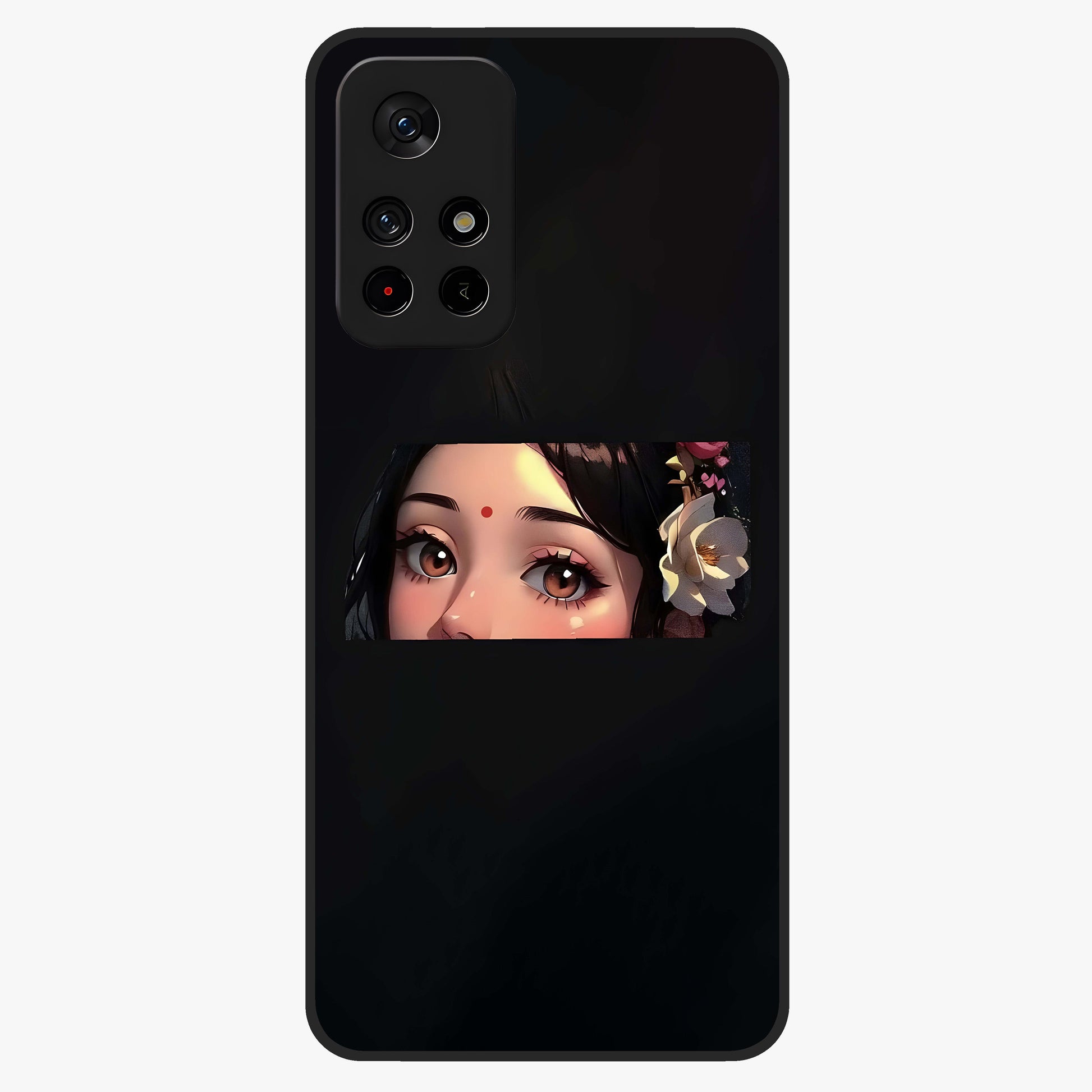 Radha Divine Embrace Glass Case upright view showcasing sacred Radha themed artwork with peaceful devotional style.