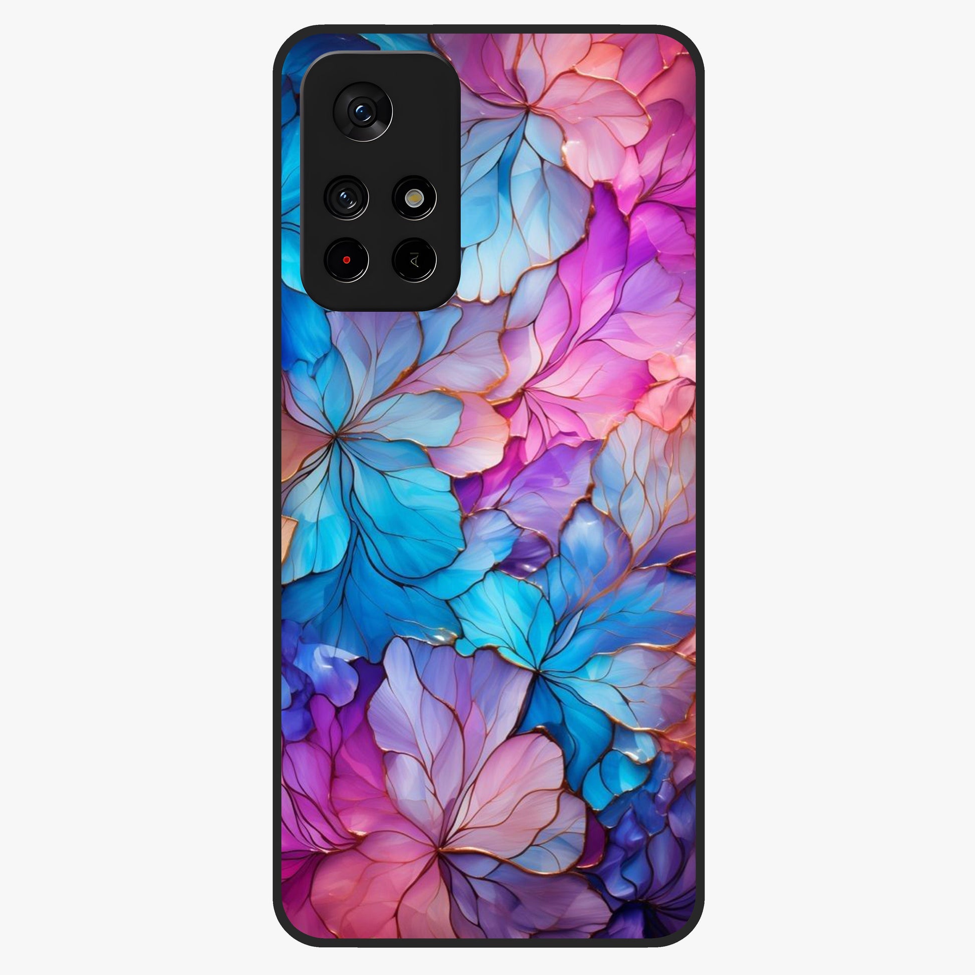 Radiant Floral Whirl Glass Case upright view showcasing lively floral artwork with decorative swirl theme.