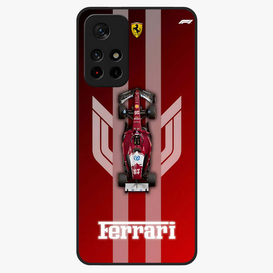 Red Ferrari F1 Vertical Glass Case showing flat back view with sleek Formula racing car artwork and glossy glass finish.