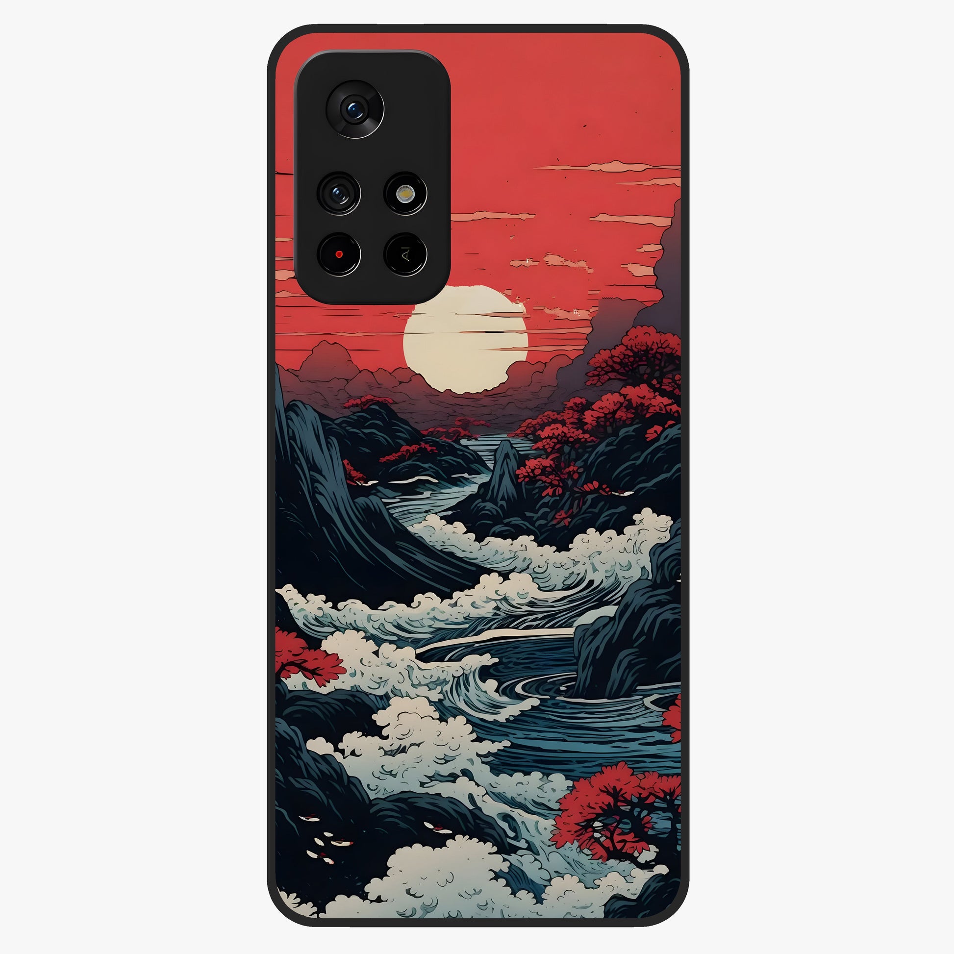 Red Sunset Scenery Glass Case upright view showcasing dramatic sunset scenery artwork with warm nature theme.