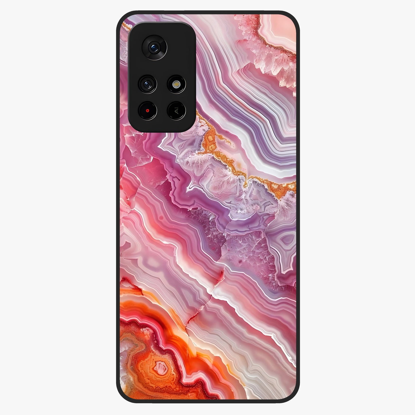 Rose Quartz Marble Glass Case showing flat back view with pink marble quartz texture artwork and glossy glass finish.