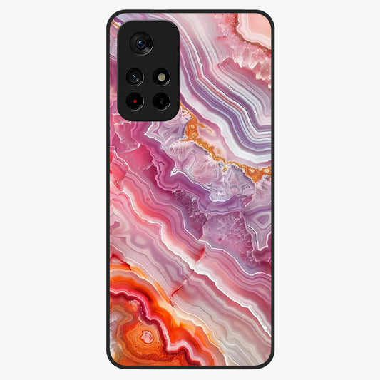 Rose Quartz Marble Glass Case showing flat back view with pink marble quartz texture artwork and glossy glass finish.