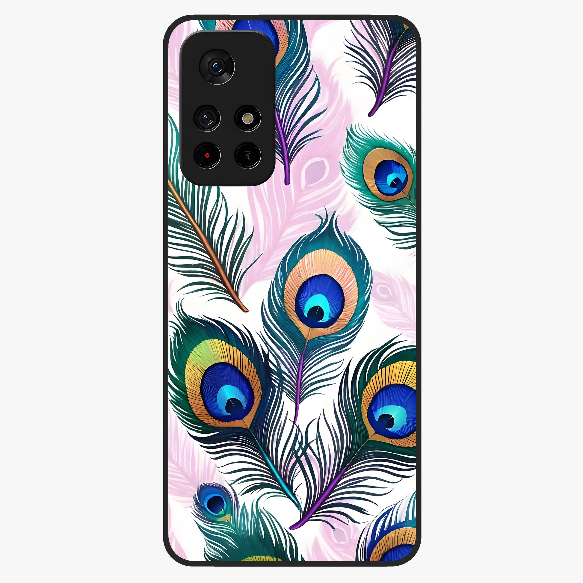 Royal Peacock Feathers Glass Case showing flat back view with colorful peacock feather artwork and glossy glass finish.