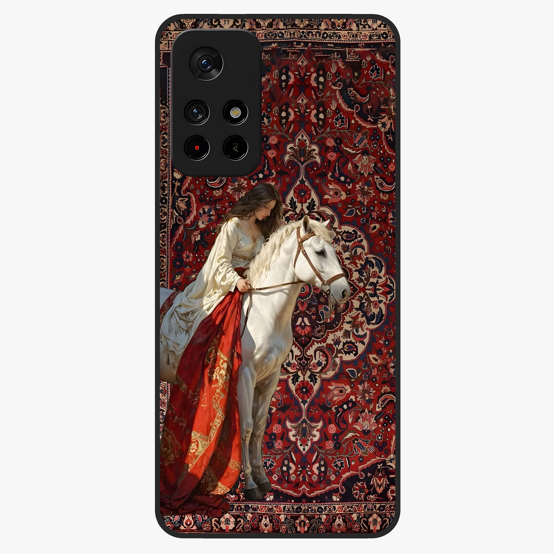 Royal Rider Tapestry Glass Case upright view showcasing detailed rider artwork with classic tapestry theme.