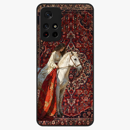 Royal Rider Tapestry Glass Case showing flat back view with majestic horse rider tapestry artwork and glossy glass finish.