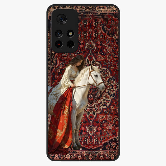Royal Rider Tapestry Glass Case showing flat back view with majestic horse rider tapestry artwork and glossy glass finish.
