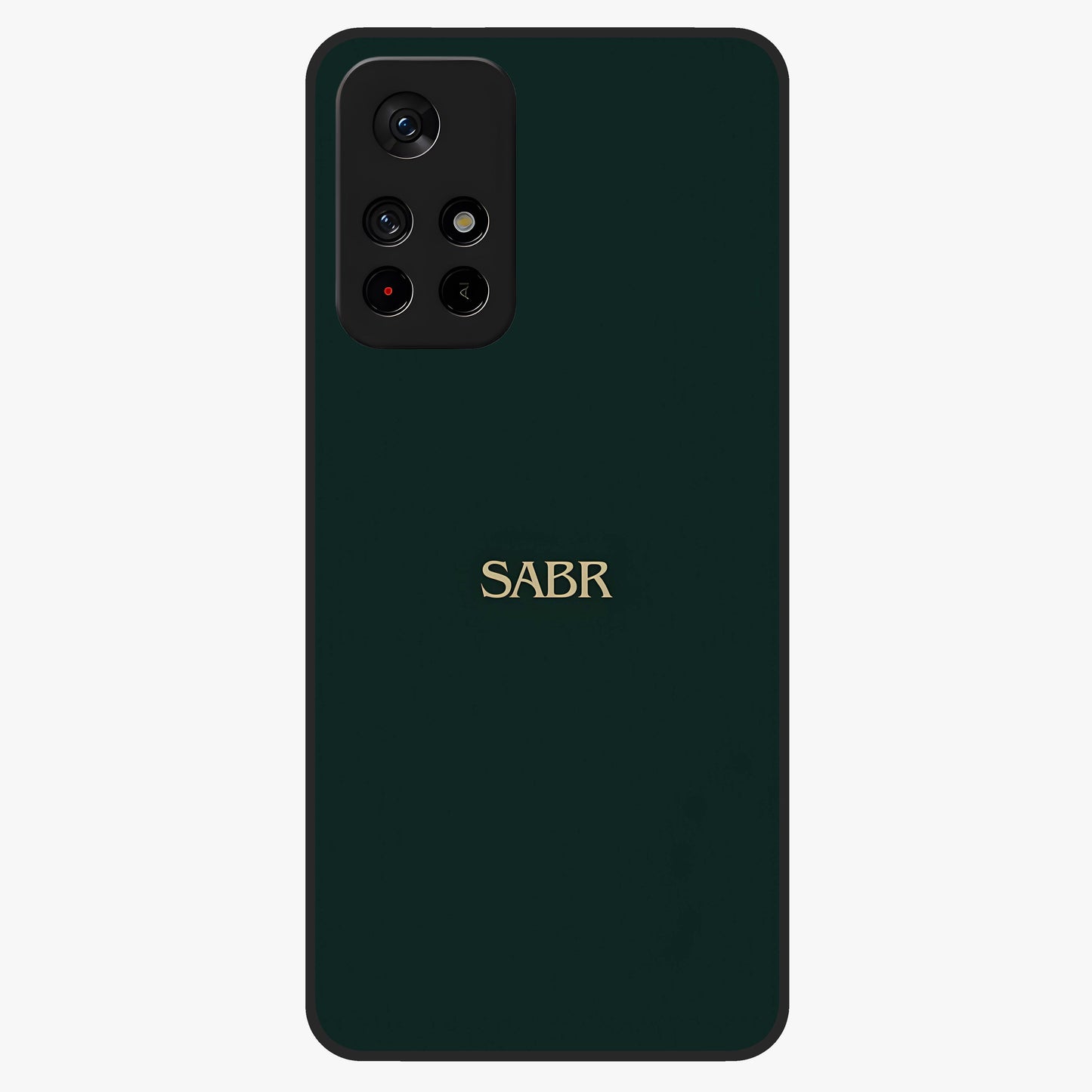 Sabr Minimal Patience Glass Case showing flat back view with minimalist typography artwork and glossy glass finish.