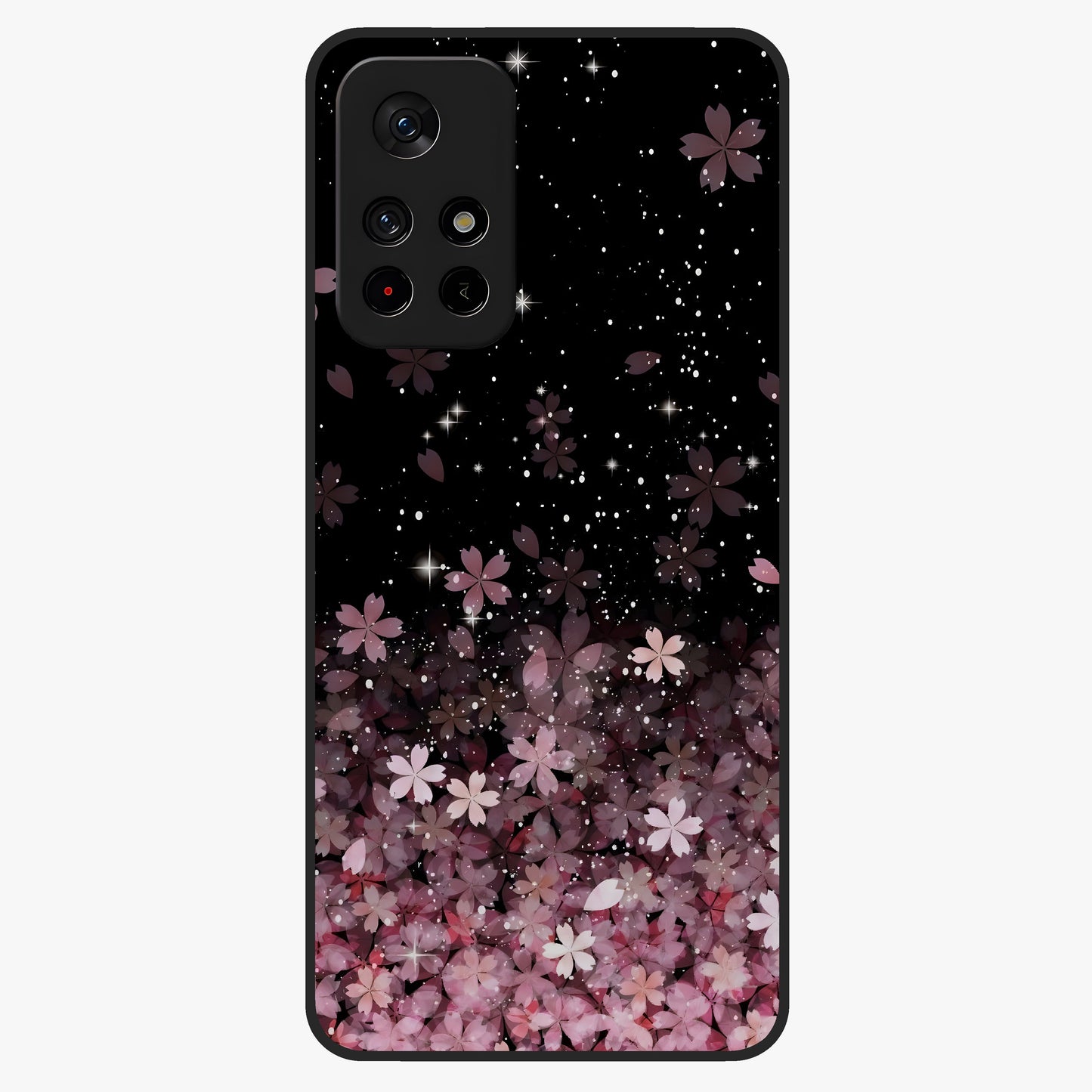 Small Starry Flowers Glass Case showing flat back view with delicate starry floral artwork and glossy glass finish.