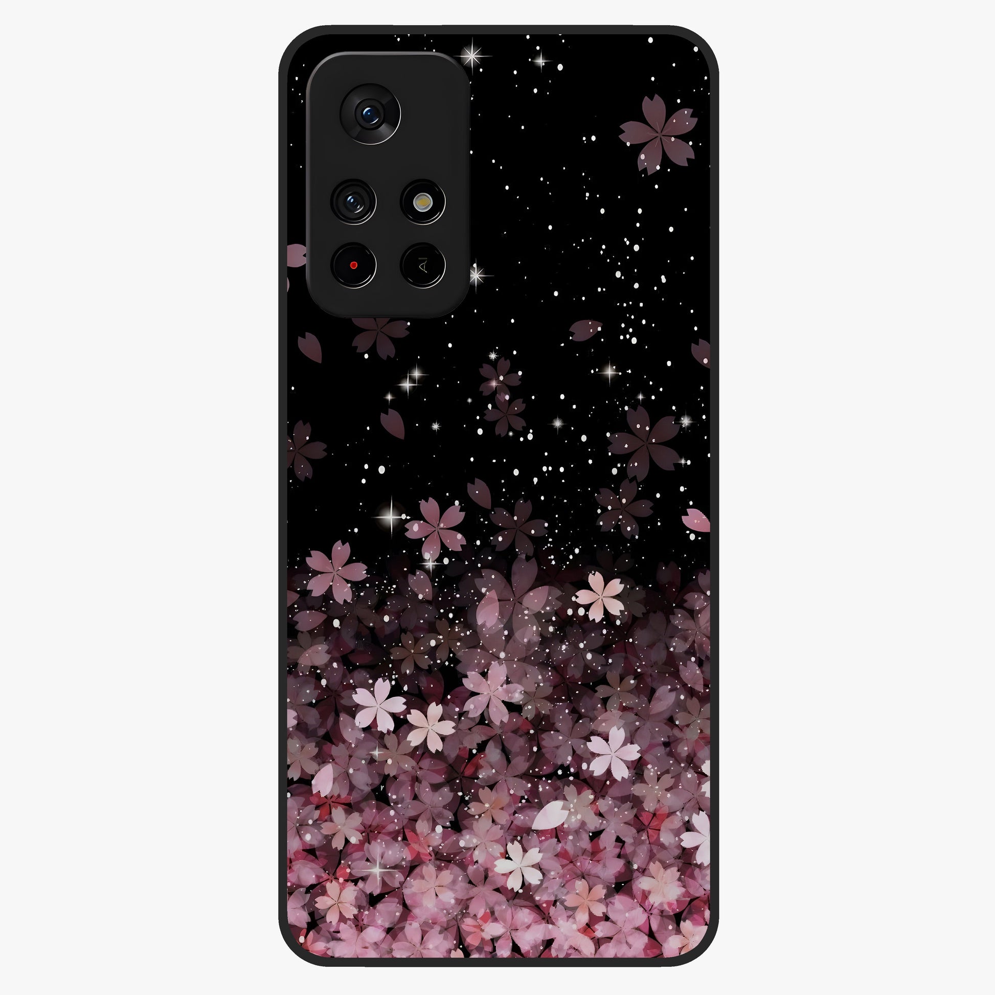 Small Starry Flowers Glass Case showing flat back view with delicate starry floral artwork and glossy glass finish.