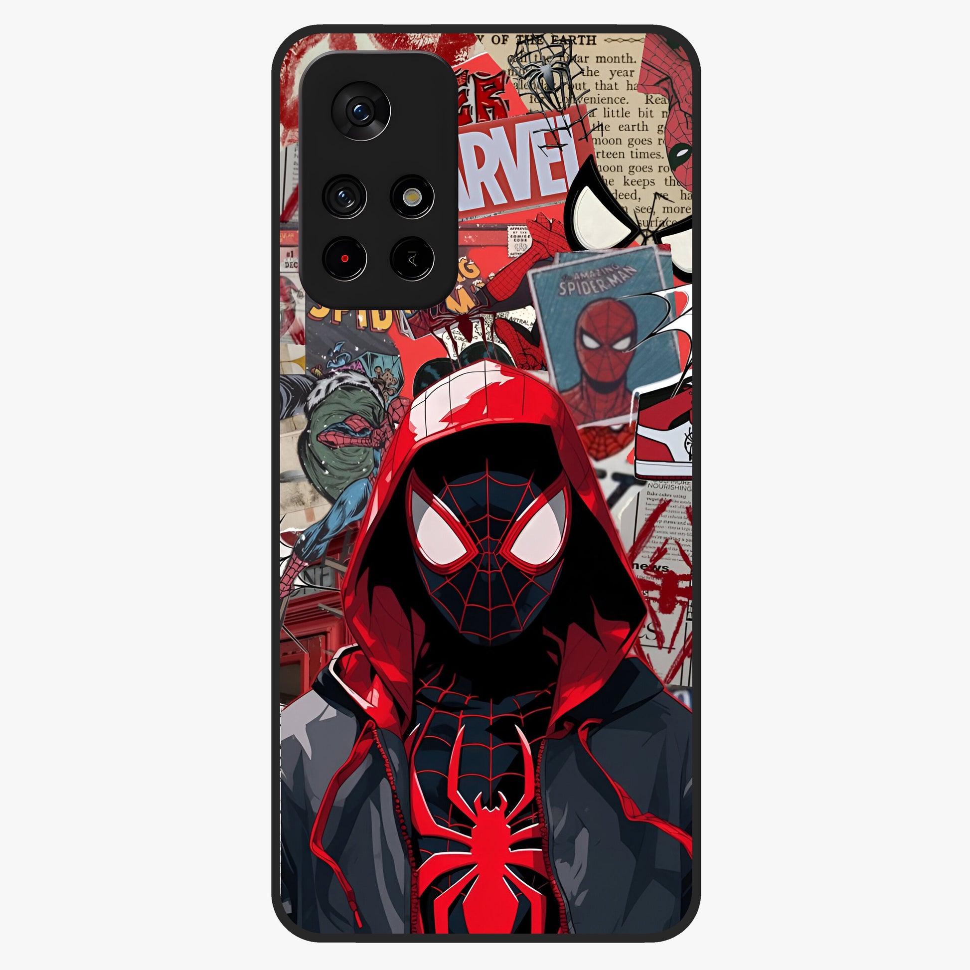 Spider Collage Street Glass Case showing flat back view with vibrant superhero collage artwork and glossy glass finish.