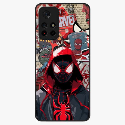 Spider Collage Street Glass Case showing flat back view with vibrant superhero collage artwork and glossy glass finish.