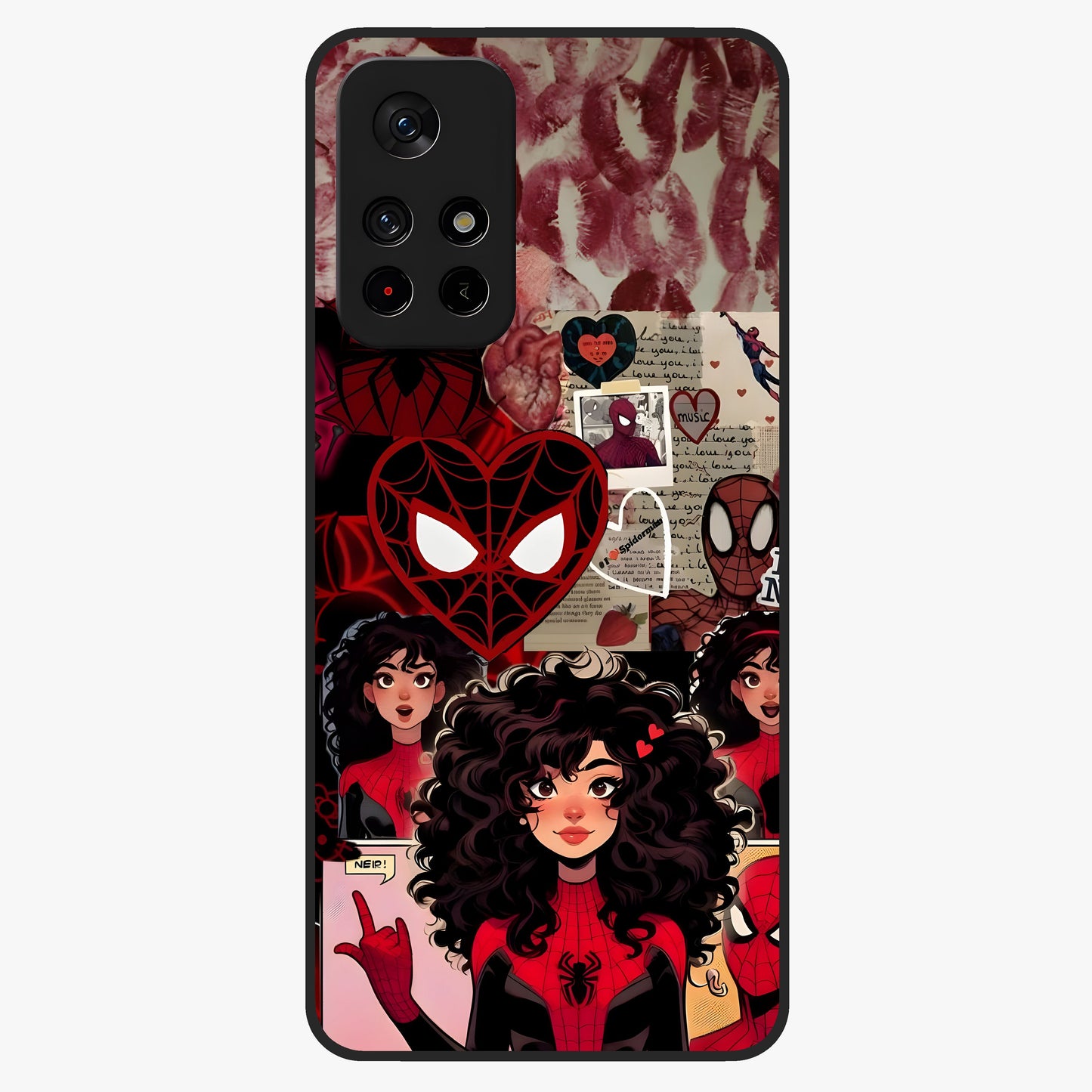 Spider Love Story Glass Case showing flat back view with romantic superhero themed artwork and glossy glass finish.