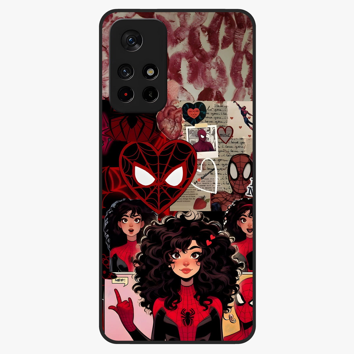 Spider Love Story Glass Case showing flat back view with romantic superhero themed artwork and glossy glass finish.
