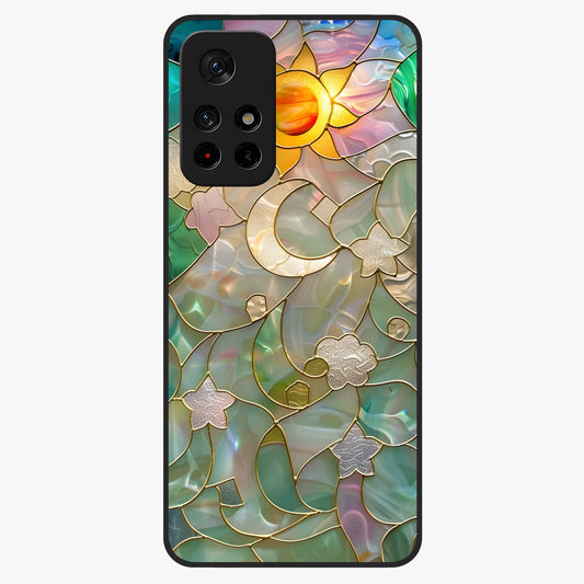 Stained Sunrise Glow Glass Case showing flat back view with glowing sunrise stained pattern artwork and glossy glass finish.