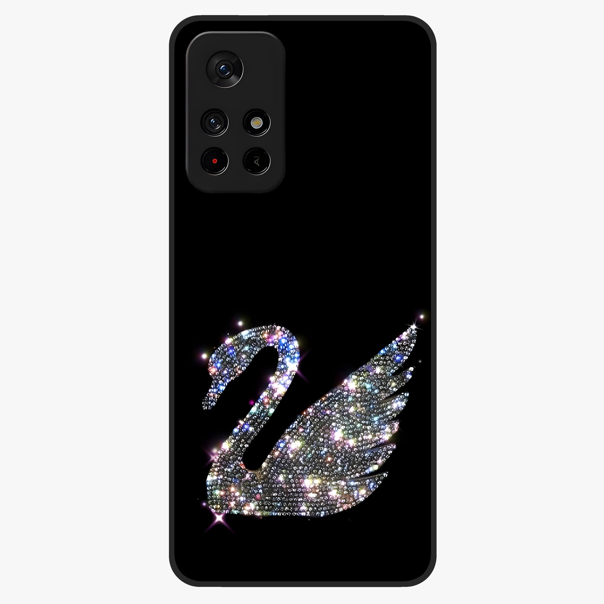 Starlit Swan Grace Glass Case showing flat back view with graceful swan artwork under starry sky and glossy glass finish.