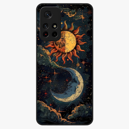 Sun And Moon Magic Design Glass Case upright view showcasing decorative sun and moon artwork with spiritual celestial theme.