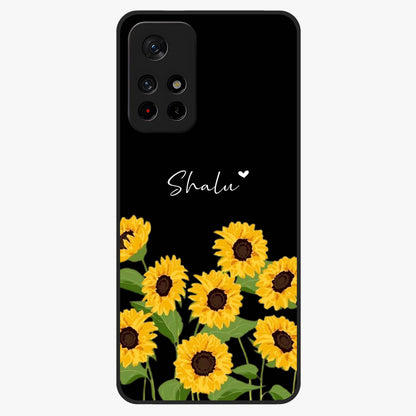 Sunflower Chic Mood Custom Name Glass Case showing flat back view with stylish sunflower artwork and personalized name design.