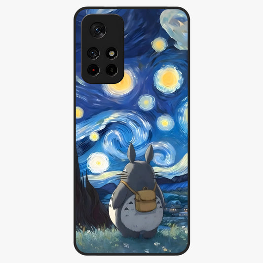 Totoro In Van Gogh Art Glass Case showing flat back view with whimsical character artwork inspired by Van Gogh style and glossy glass finish.