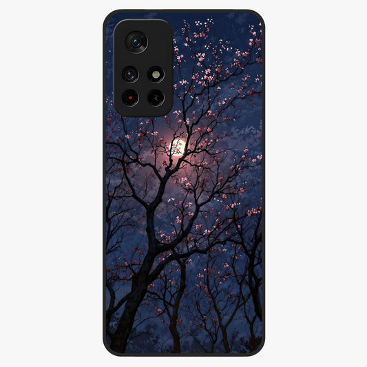 Twilight Sakura Serenade Glass Case showing flat back view with cherry blossom artwork at twilight and glossy glass finish.