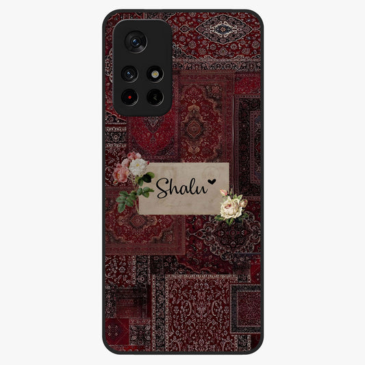 Velvet Wine Pattern Custom Name Glass Case showing flat back view with elegant wine colored pattern artwork and personalized name design.