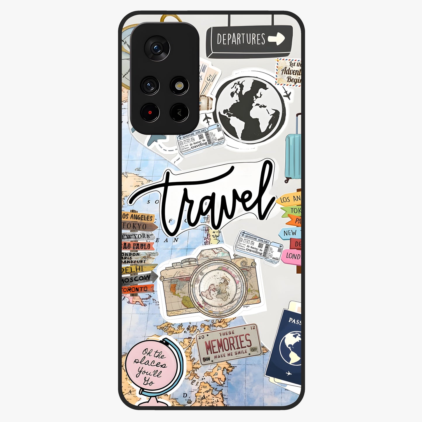 Wanderlust Journal Glass Case upright view showcasing wanderlust inspired artwork with creative exploration theme.