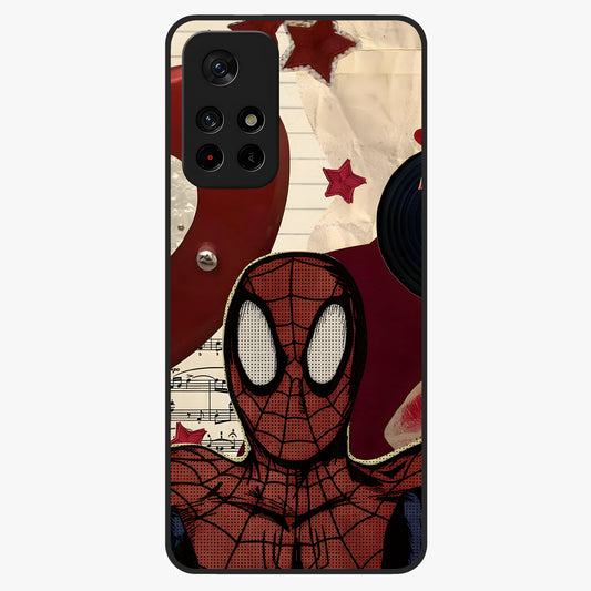 Web Warrior Vibes Glass Case showing flat back view with superhero inspired web themed artwork and glossy glass finish.