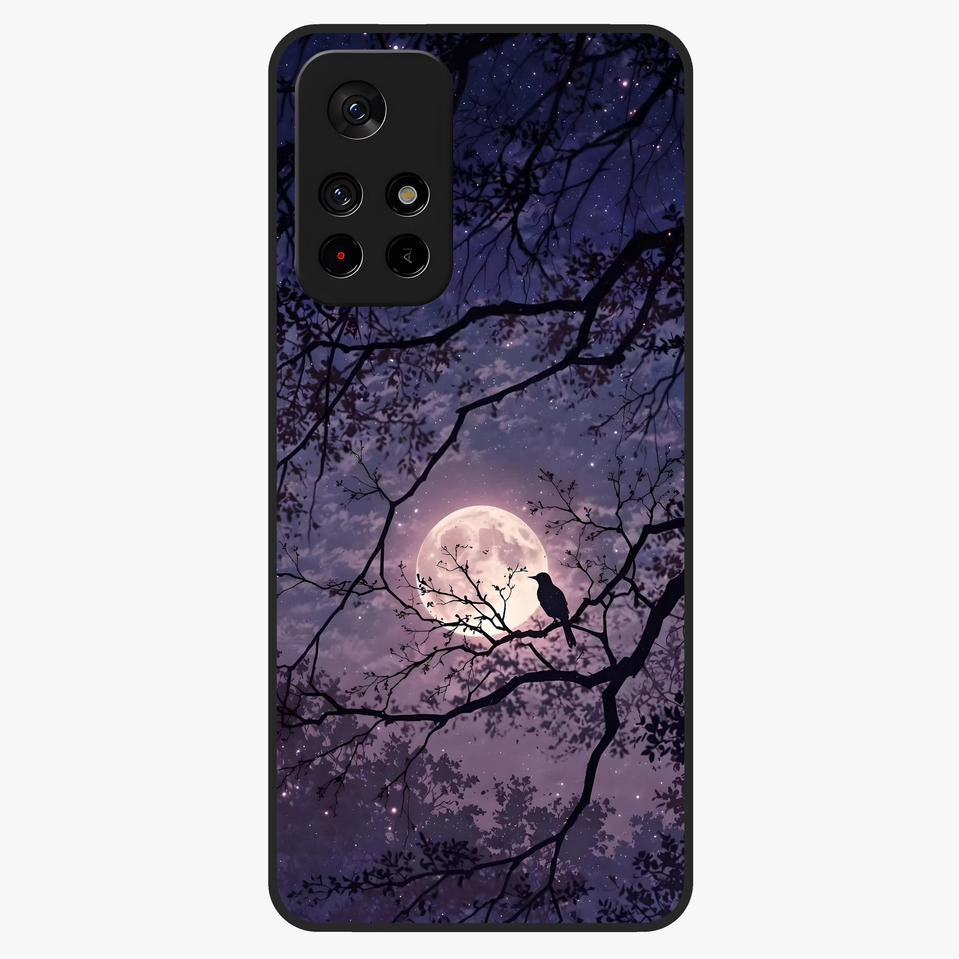 Whispering Moon Silence Glass Case showing flat back view with serene moon themed artwork and glossy glass finish.