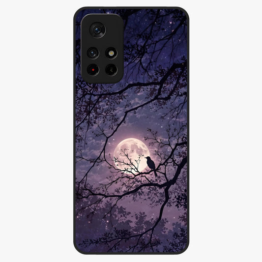 Whispering Moon Silence Glass Case showing flat back view with serene moon themed artwork and glossy glass finish.