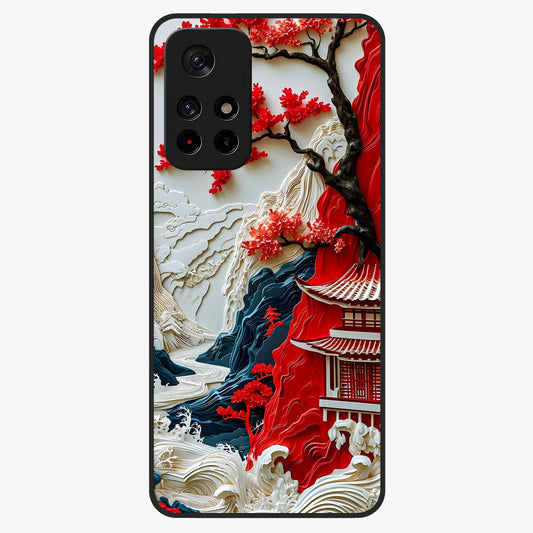 Whispers Of Sakura Waves Glass Case showing flat back view with cherry blossom wave artwork and glossy glass finish.