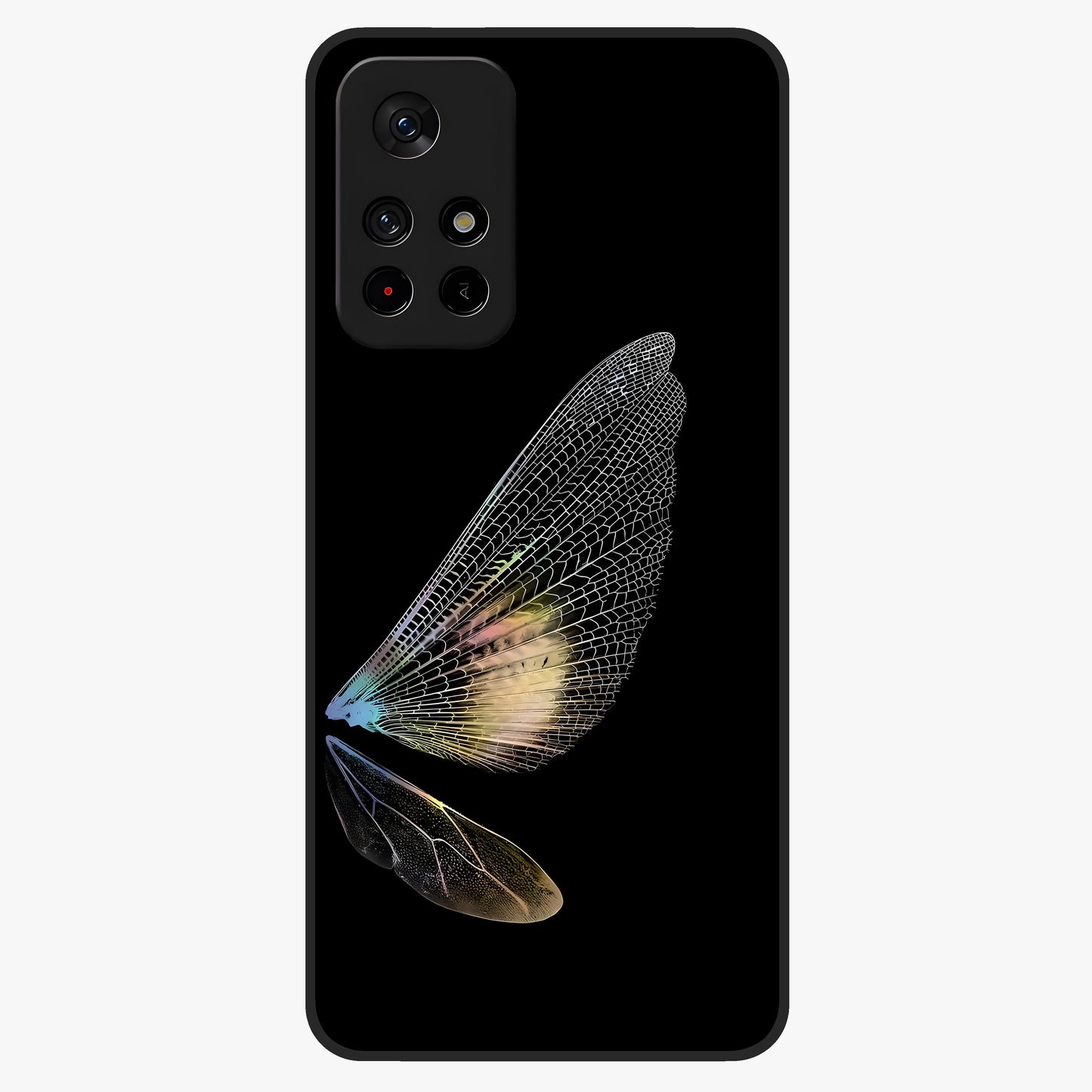 Whispers Of Wings Glass Case showing flat back view with graceful wing inspired artwork and glossy glass finish.