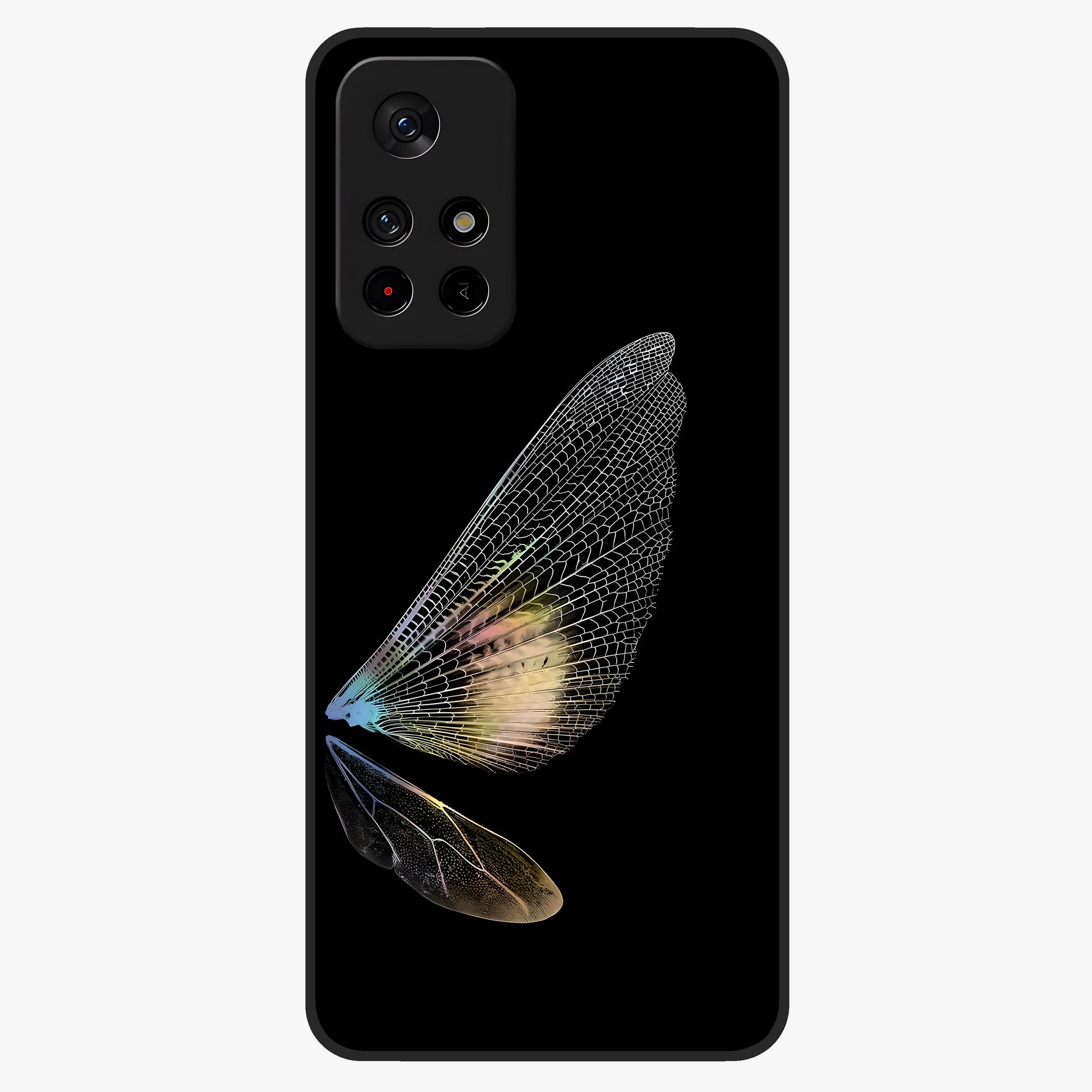 Whispers Of Wings Glass Case showing flat back view with graceful wing inspired artwork and glossy glass finish.