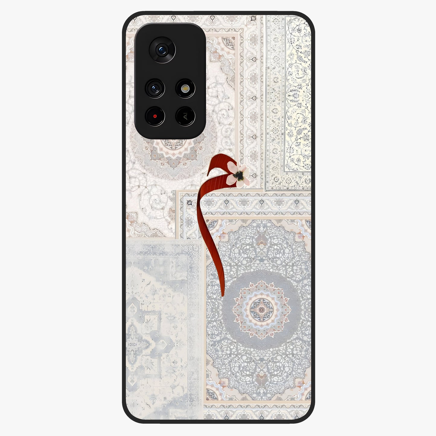 White Aesthetic Bow Glass Case showing flat back view with minimal bow artwork and glossy glass finish.