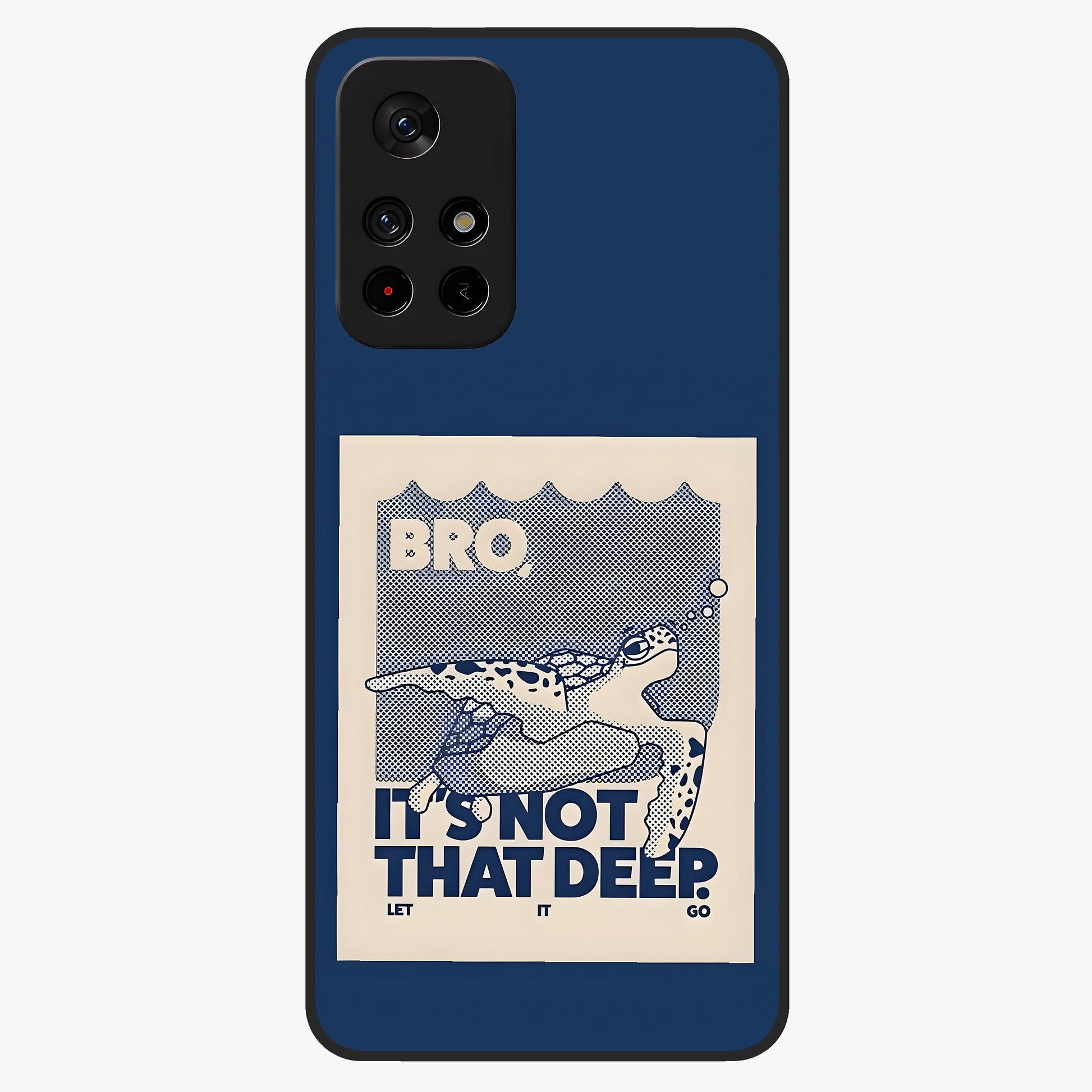 Worry Less Swim Glass Case showing flat back view with playful motivational artwork and glossy glass finish.