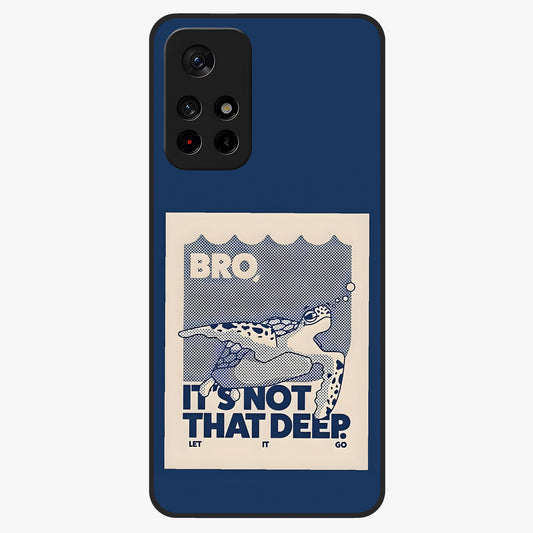 Worry Less Swim Glass Case showing flat back view with playful motivational artwork and glossy glass finish.