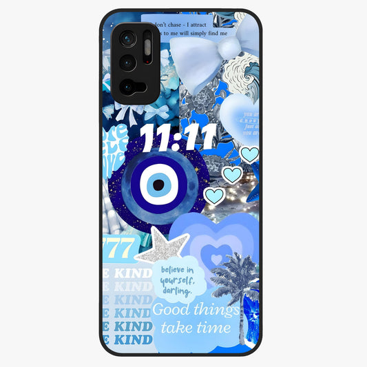 Aesthetic Be Kind Eye Glass Case showing flat back view with motivational eye artwork and glossy glass finish.