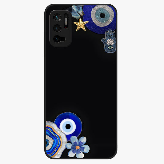 Aesthetic Blue Evil Eye Glass Case showing flat back view with protective evil eye artwork and glossy glass finish.