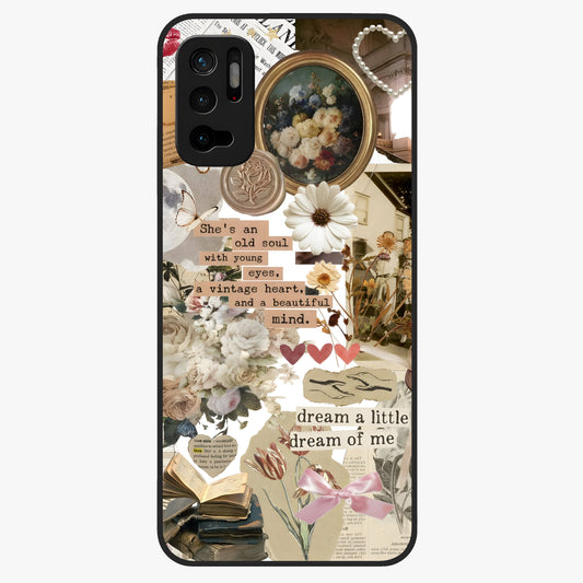 Aesthetic Brown Vintage Collage Glass Case showing flat back view with retro collage artwork and glossy glass finish.
