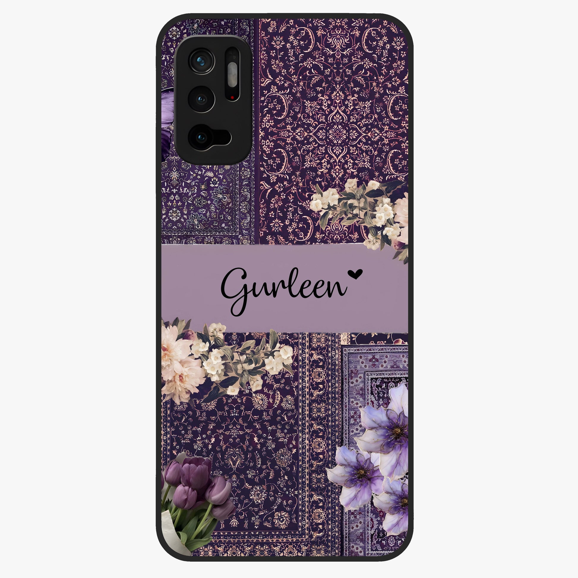 Antique Floral Whisper Custom Name Glass Case showing flat back view with vintage floral artwork and personalized name design.