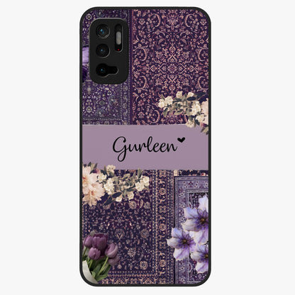 Antique Floral Whisper Custom Name Glass Case showing flat back view with vintage floral artwork and personalized name design.