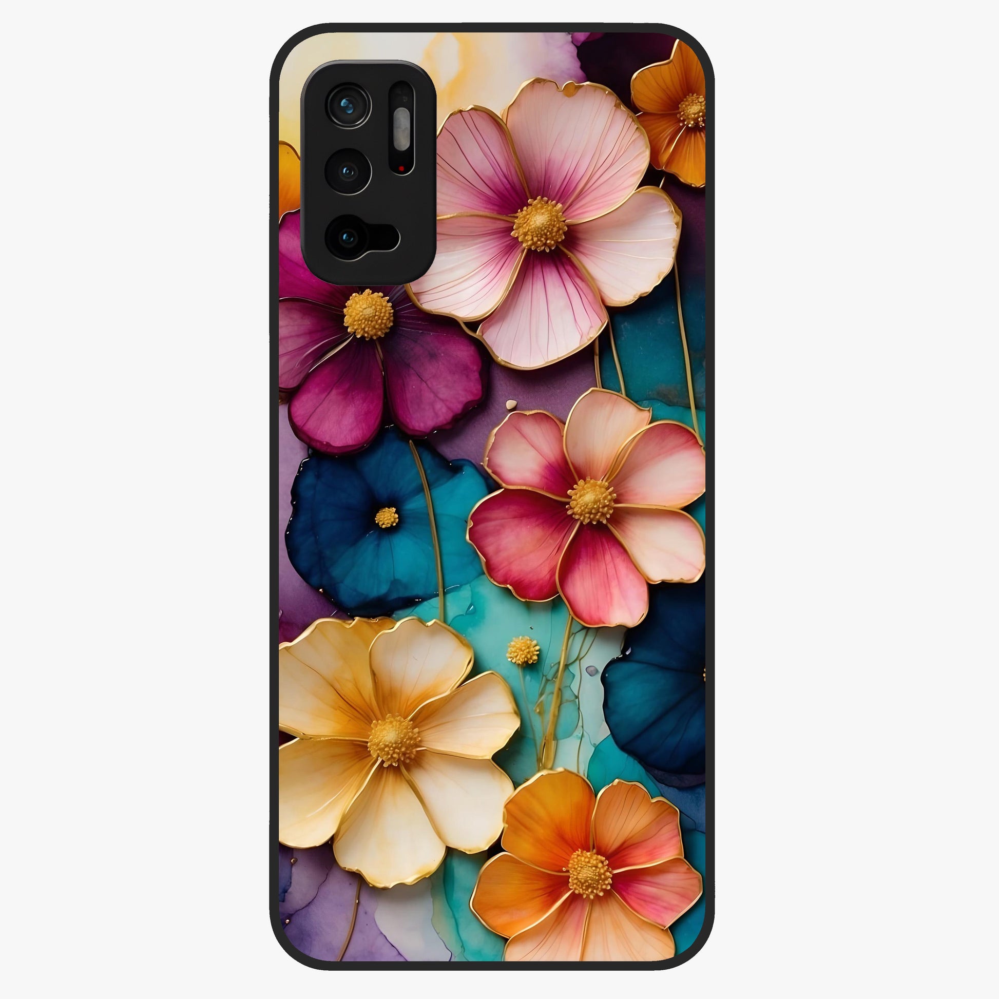 Artlyn Grace Flower Pattern Glass Case showing flat back view with elegant floral pattern artwork and glossy glass finish.