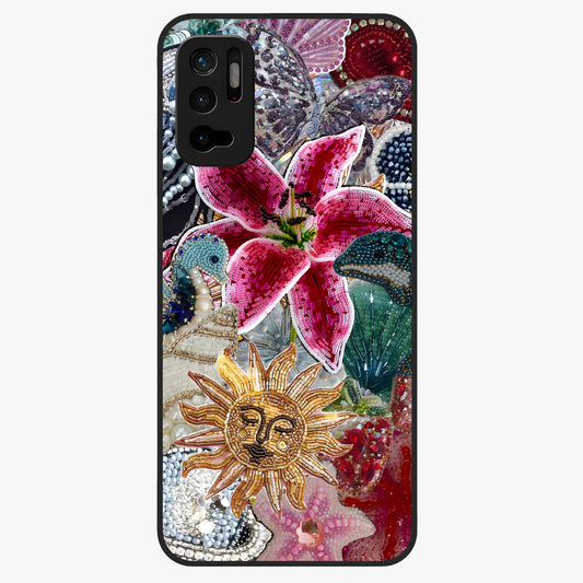 Beaded Garden Fantasy Glass Case showing flat back view with dreamy garden bead artwork and glossy glass finish.