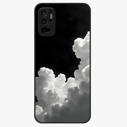 Black Background With White Cloud Glass Case showing flat back view with minimal cloud artwork on dark background and glossy glass finish.