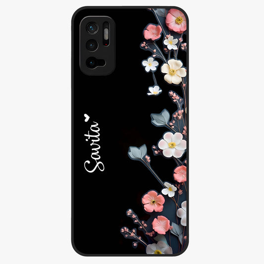 Black Elegance Floral Custom Name Glass Case showing flat back view with elegant floral artwork and personalized name design.