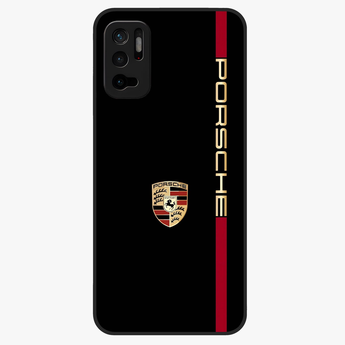 Black Minimal Porsche Glass Case showing flat back view with sleek minimal sports car artwork and glossy glass finish.